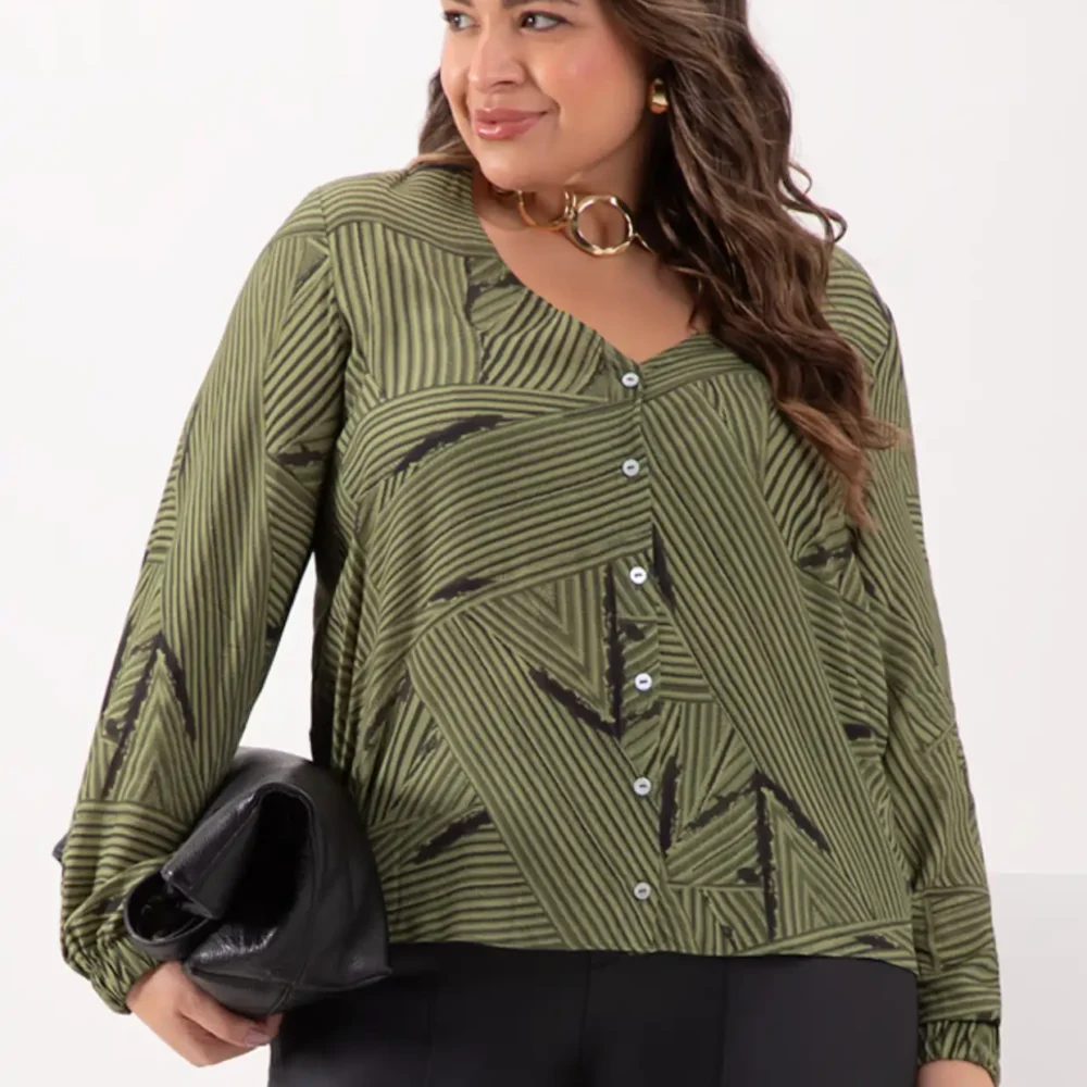 Camisa Feminina Plus Size Manga Longa Ref 69181 Verde - 52