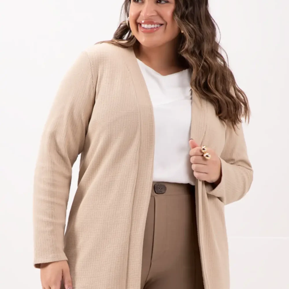 Cardigan Feminino Plus Size Ref 69191 Bege