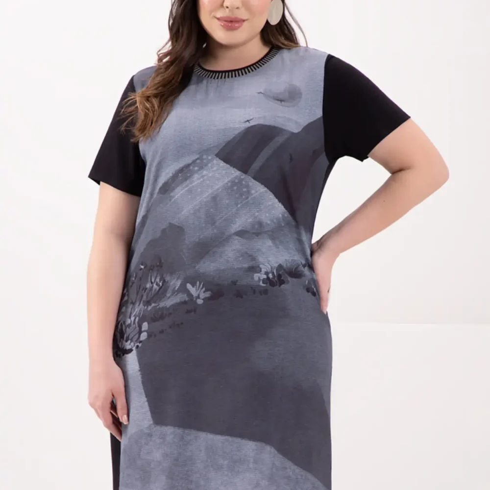 Vestido Plus Size Manga Curta Ref 69208 Cinza - 52