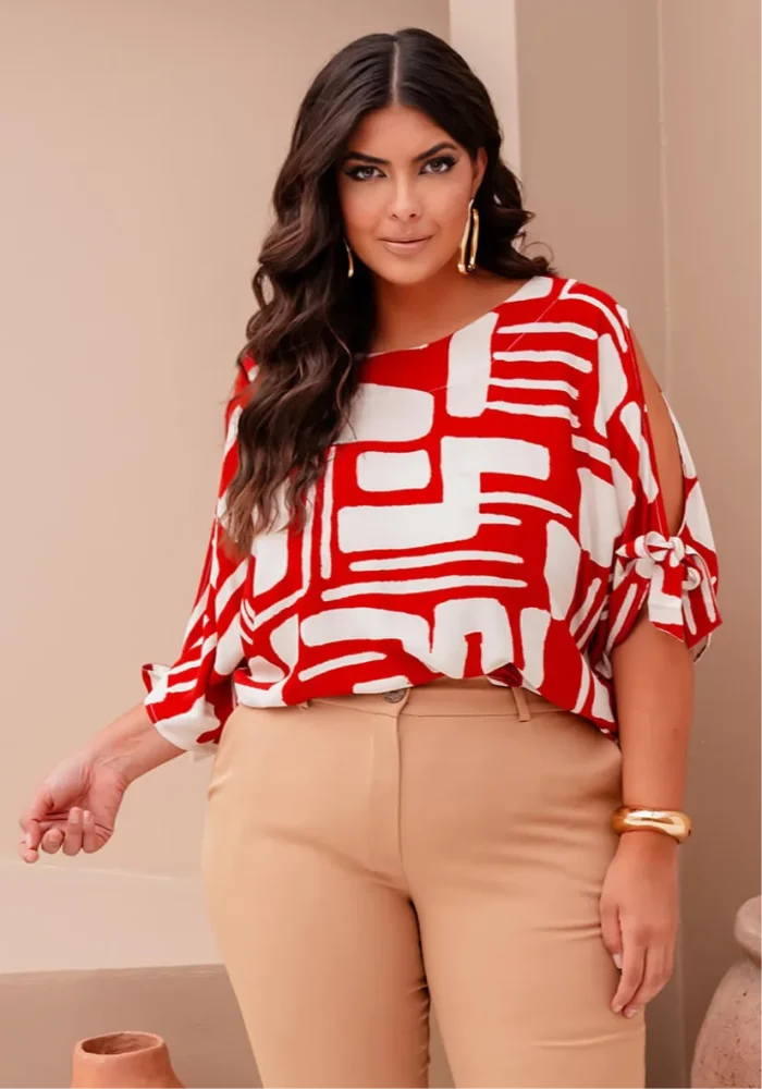 Blusa Feminina Plus Size Manga Curta ref 700849 Vermelho - 46
