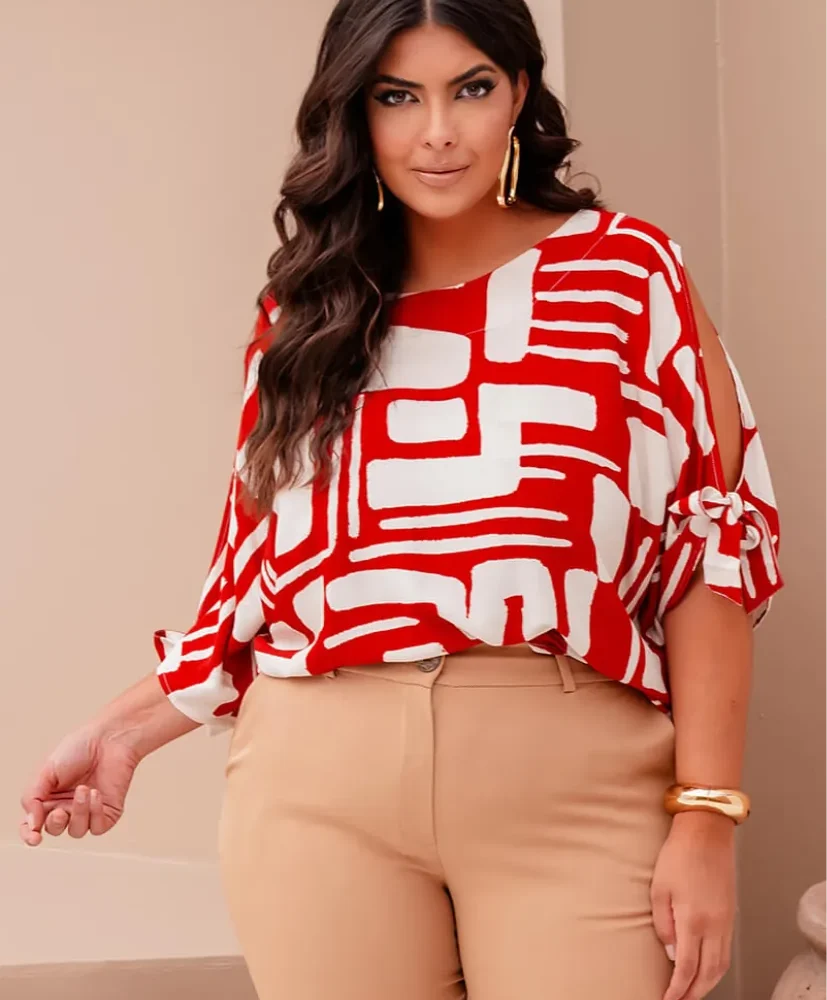 Blusa Feminina Plus Size Manga Curta ref 700849 Vermelho - 46