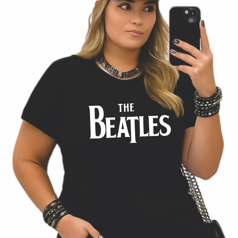 Blusa T-Shirt Feminina Plus Size Mana Curta The Beatles Preto - 52