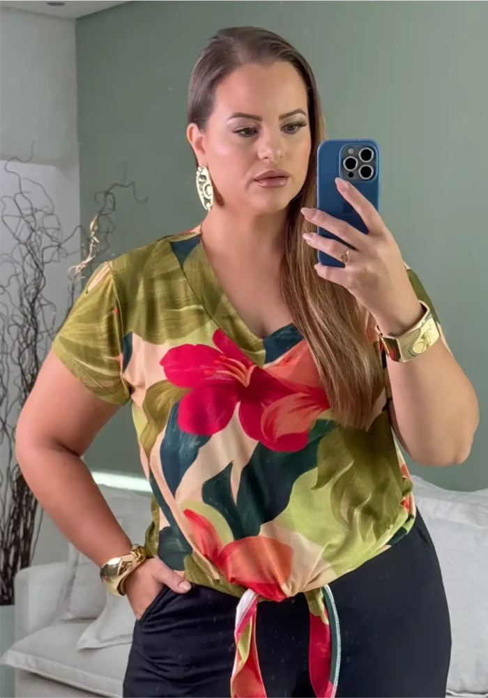 Blusa Feminina Plus Size Manga Curta Ref BMM-008 Estampa Verde - 58