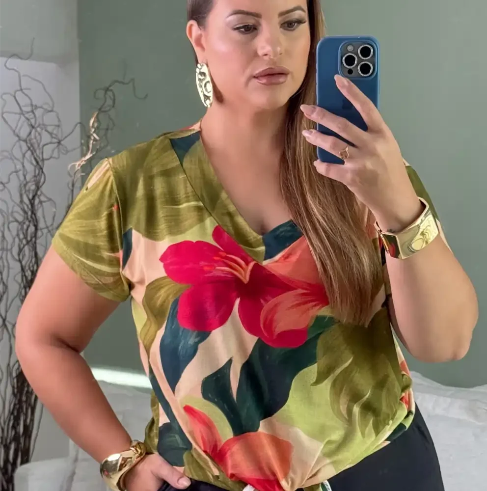 Blusa Feminina Plus Size Manga Curta Ref BMM-008 Estampa Verde