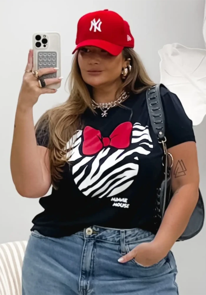 Blusa T-shirt Feminina Plus Size Manga Curta DISNEY-012 Preto - 46
