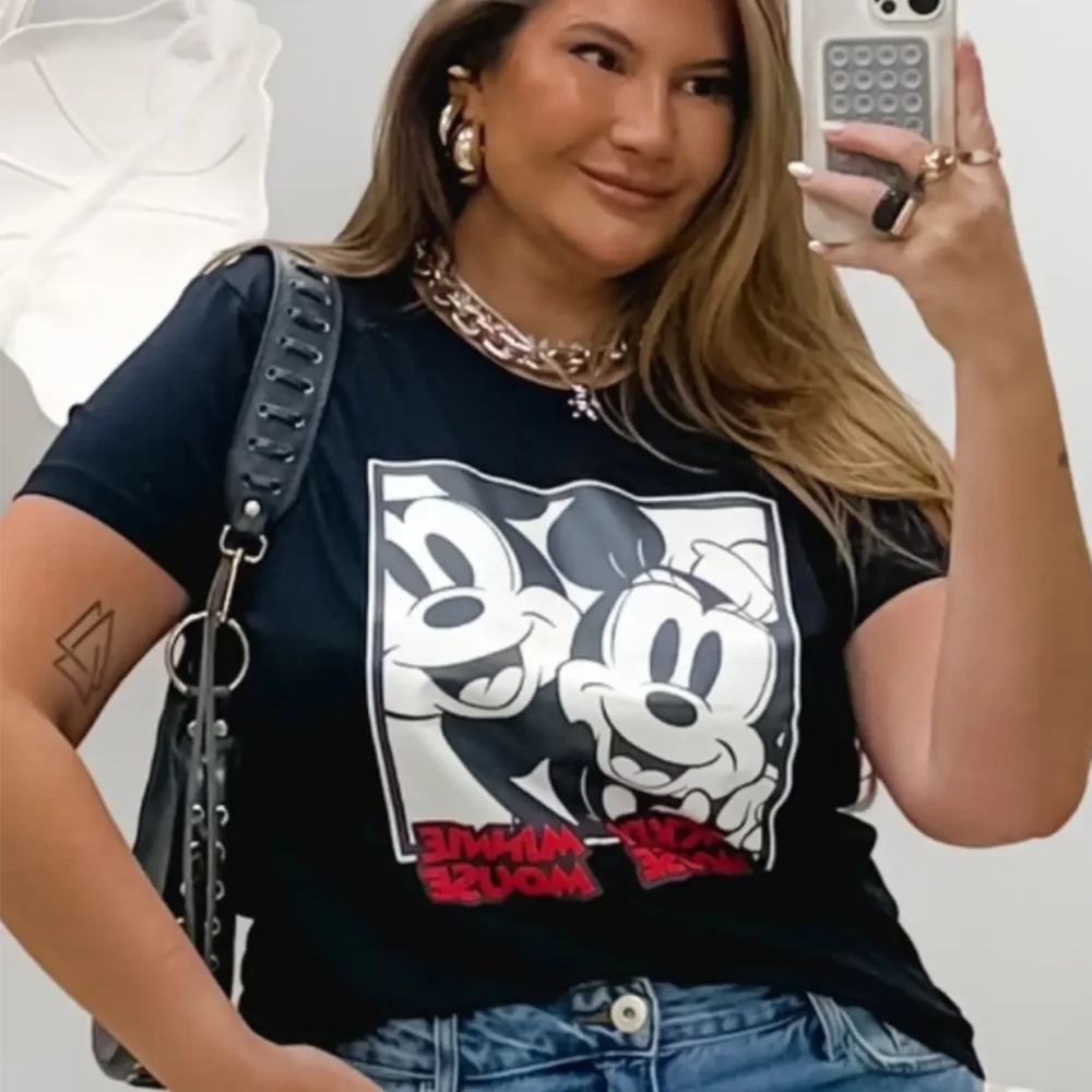 T-Shirt Feminina Plus Size Manga Curta DISNEY-016 Marrie Preto LUA - 56