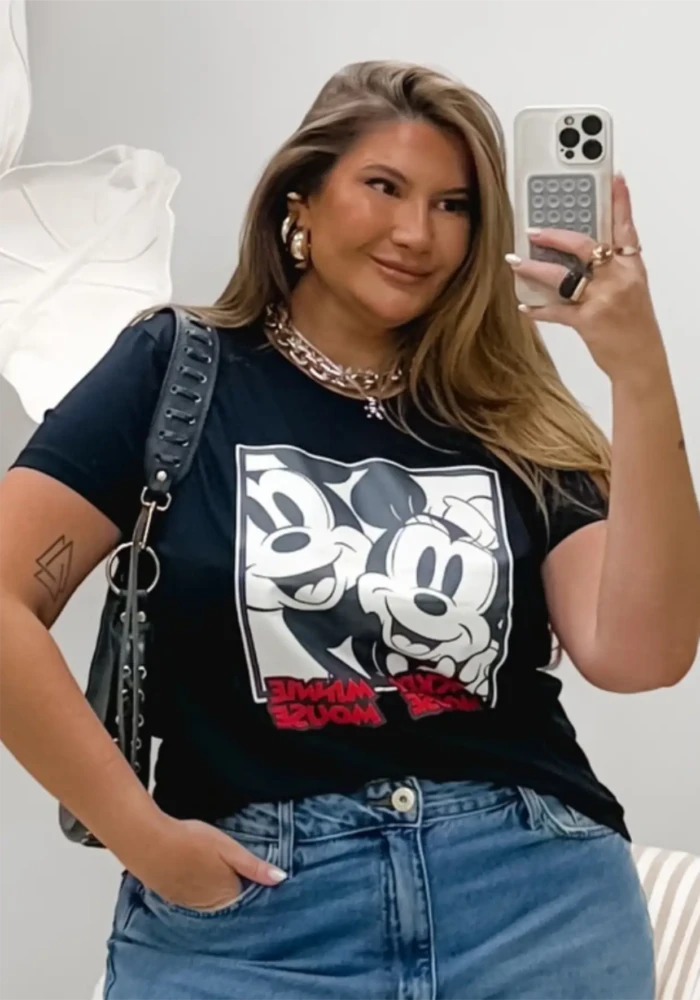 Blusa T-Shirt Feminina Plus Size Manga Curta DISNEY-016 Marrie Preto - 46