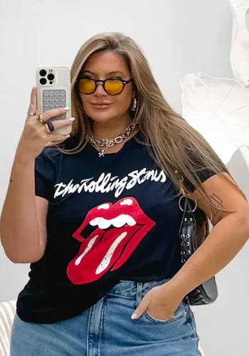 Blusa T-Shirt Feminina Plus Size Manga Curta Rolling Stones Preto - 48