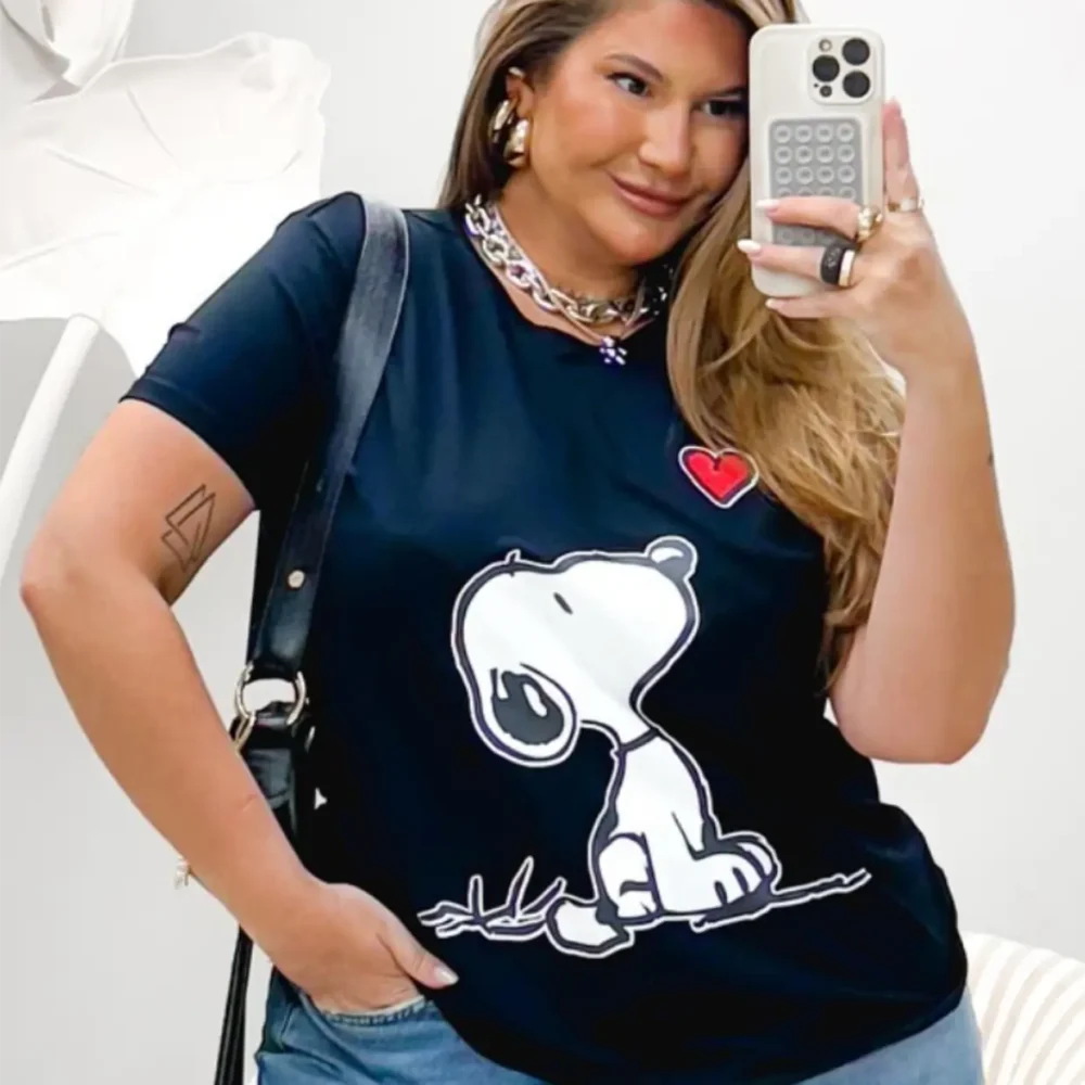 T-Shirt Feminina Plus Size Manga Curta Preto SNOOPY-002 EVA - 52