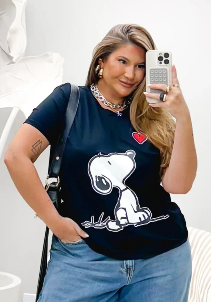 Blusa T-Shirt Feminina Plus Size Manga Curta Preto SNOOPY-002 - 56