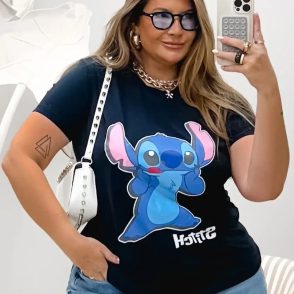 T-Shirt Feminina Plus Size Manga Curta STITCH-004 Preto ANA - 56