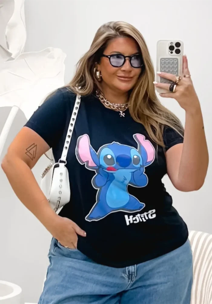 Blusa T-Shirt Feminina Plus Size Manga Curta STITCH-004 Preto - 48