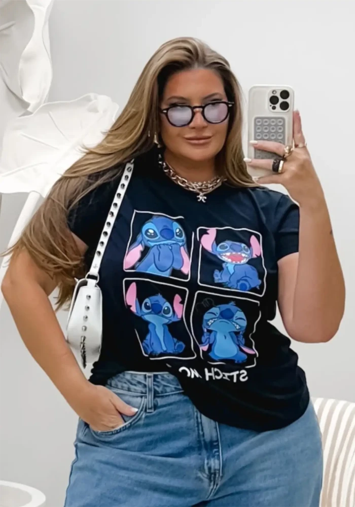 Blusa T-shirt Feminina Plus Size Viscolycra Manga Curta Disney Stitch Mood - 50