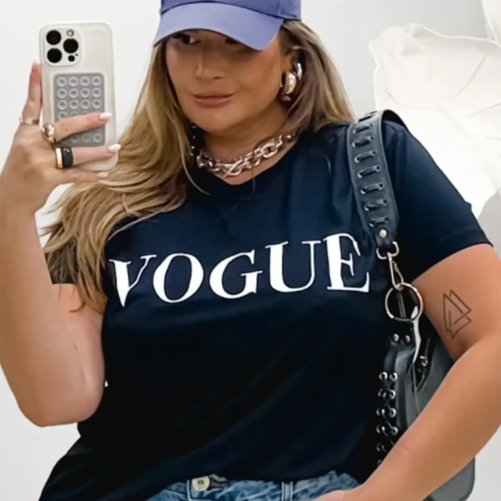 T-shirt Feminina Plus Size Manga Curta Ref Vogue Preto LENE