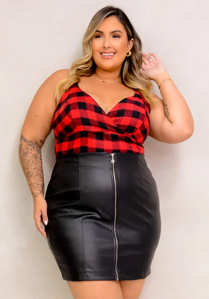 Cropped Feminino Plus Size Sem Manga 206886 Xadrez Vermelho - 58