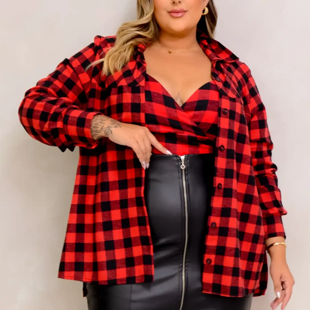 Camisa Feminina Manga Longa Plus Size 207278 Xadrez Vermelho - 54