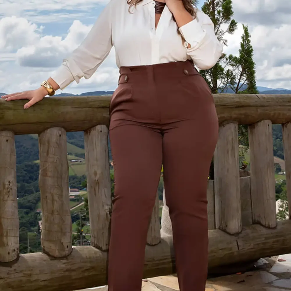 Calça Feminina Plus Size Alfaiataria Ref 800229 Marrom