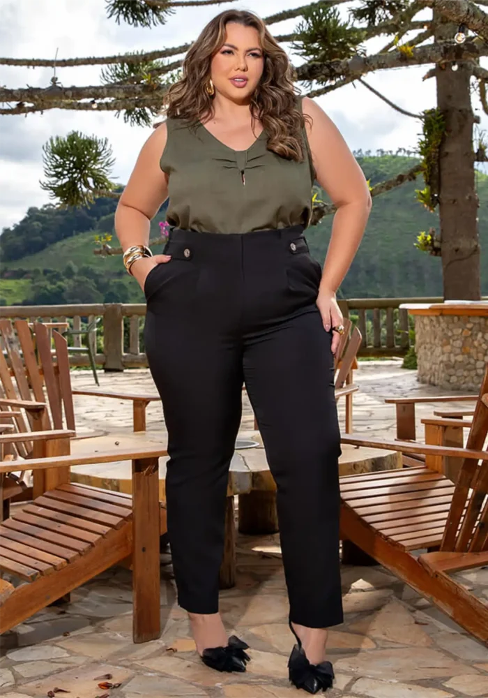 Calça Feminina Plus Size Alfaiataria Ref 800229 Preto - 52