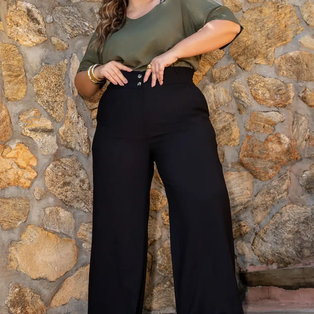 Calça Feminina Plus Size Pantalona Ref 800266 Preto LUMA