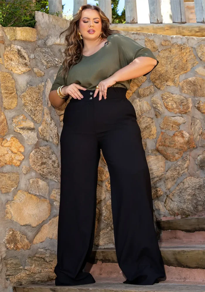 Calça Feminina Plus Size Pantalona Ref 800266 Preto - 52