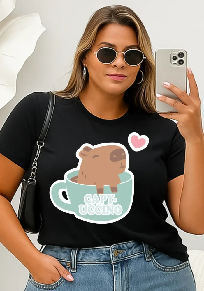 Blusa Feminina Plus Size Manga Curta Capivara Preto - 58