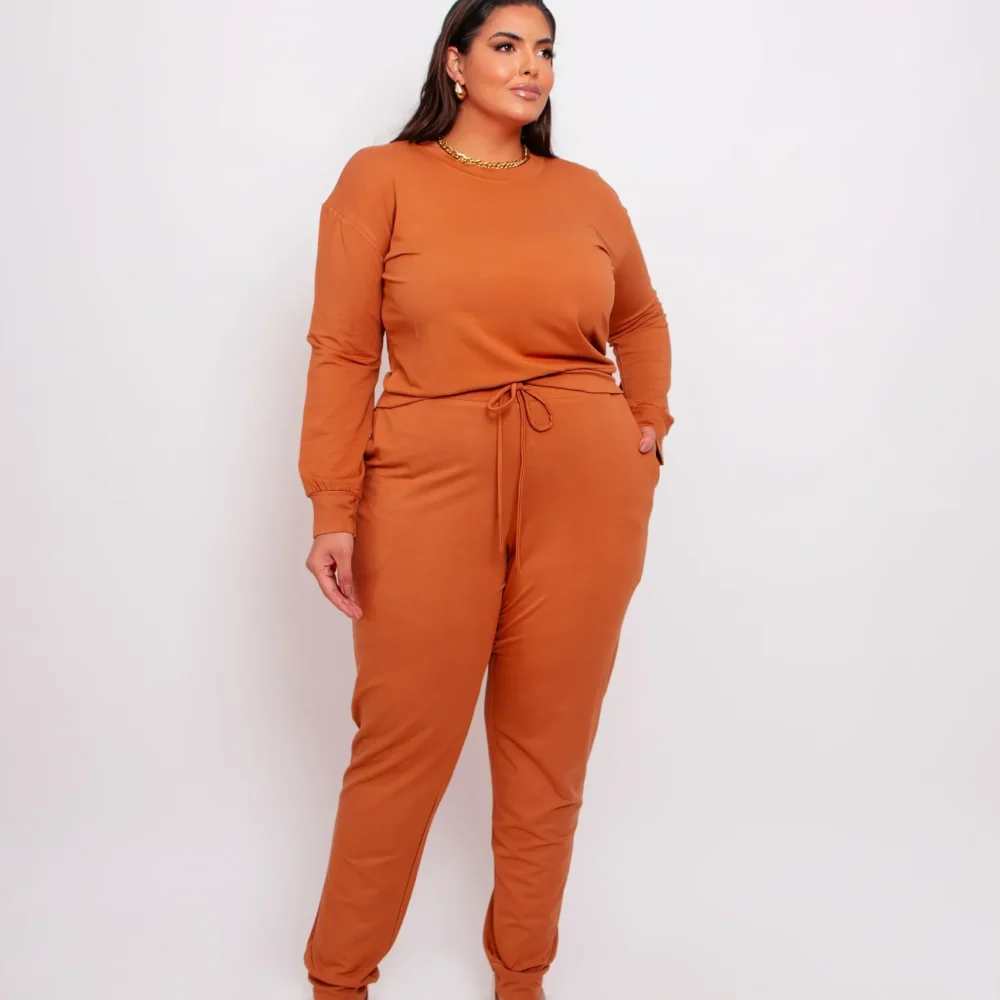 Conjunto Feminino Inverno Blusa Manga Longa + Calça Plus Size Ref 12105 Camelo - 54