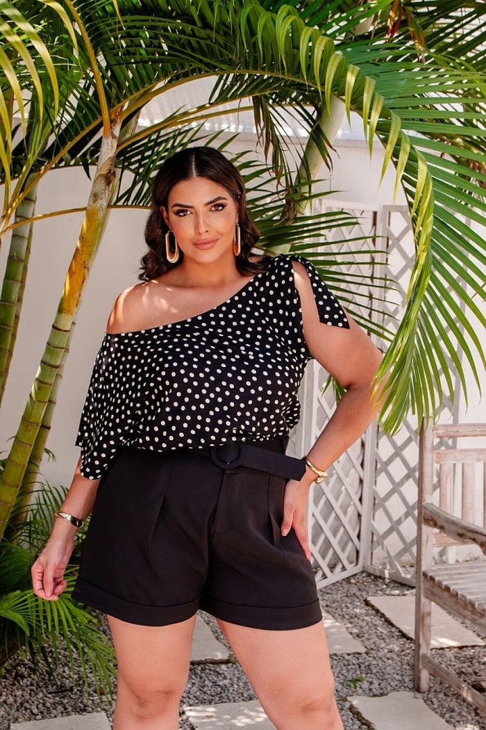 Blusa Feminina Plus Size Manga Curta Ref 12459 Poá Preto - 46