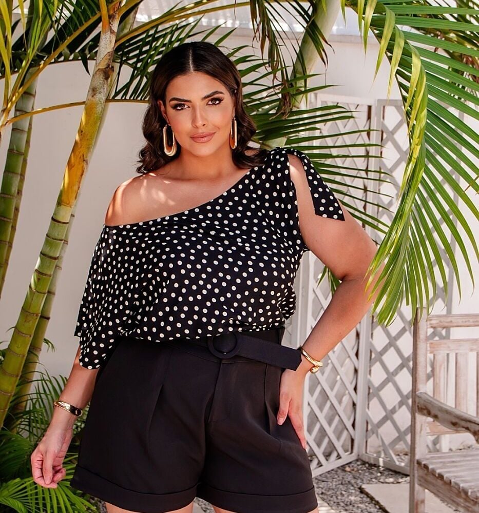Blusa Feminina Plus Size Manga Curta Ref 12459 Poá Preto - 46