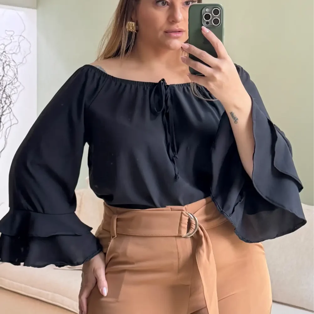 Blusa Feminina Manga Longa Plus Size Ref 207367 Preta - 46
