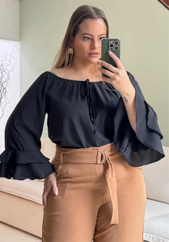 Blusa Feminina Manga Longa Plus Size Ref 207367 Preta