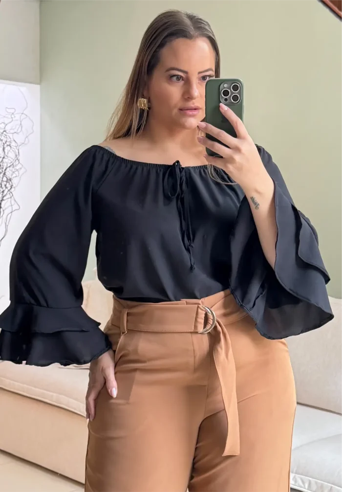 Blusa Feminina Manga Longa Plus Size Ref 207367 Preta - 46