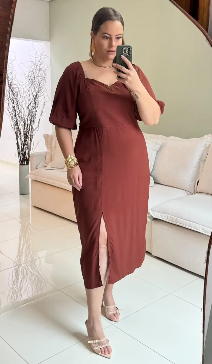 Vestido Midi Manga Curta Plus Size Ref 207146 Marrom - 58
