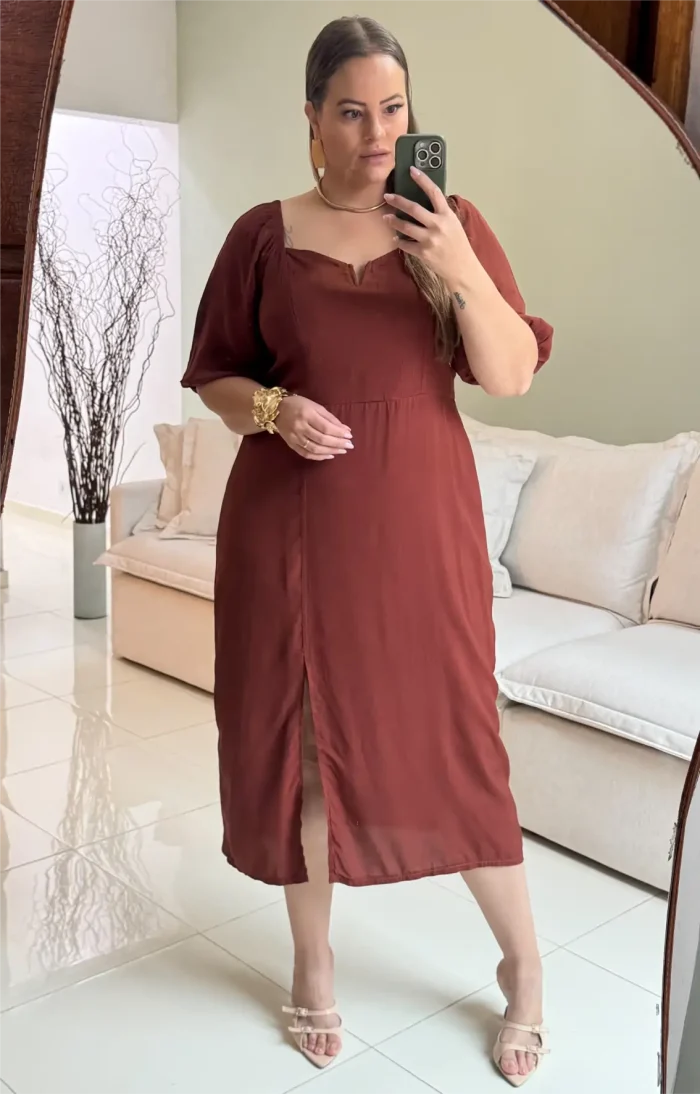 Vestido Midi Manga Curta Plus Size Ref 207146 Marrom - 46