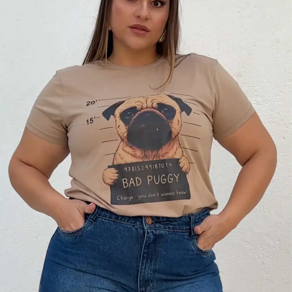 T-shirt Feminina Manga Curta Plus Size Ref Puggy Bege Mocha - 48