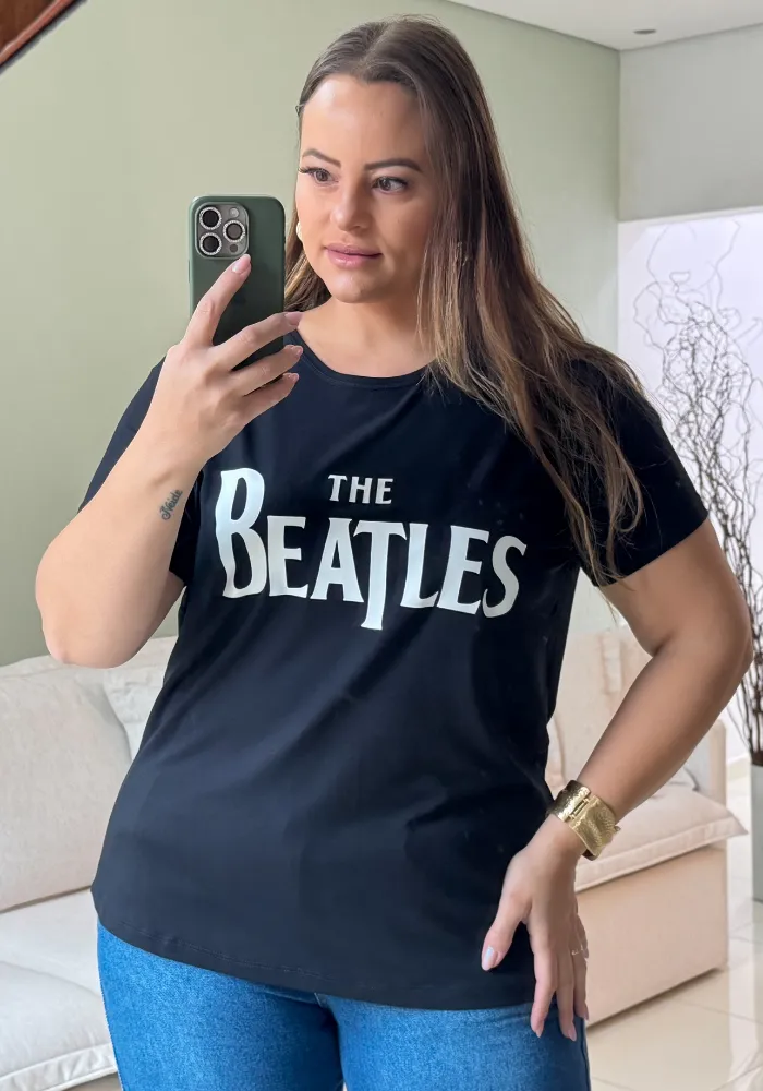 Blusa T-Shirt Feminina Plus Size Mana Curta The Beatles Preto - 58