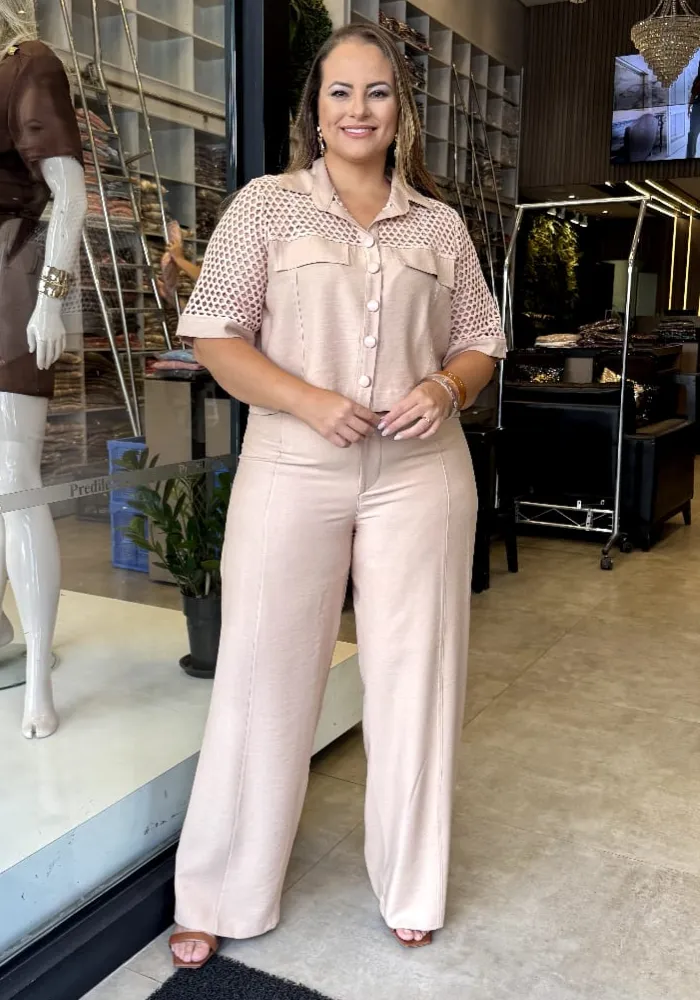 Conjunto Feminino Plus Size Cropped + Calça Ref. 12572 Bege - 52