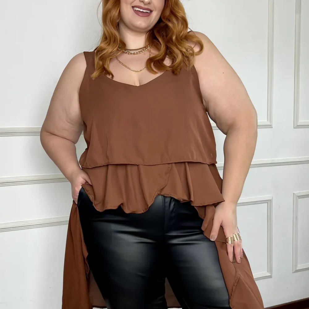 Regata Feminina Alça Larga Plus Size Ref 207361 Marrom - 56
