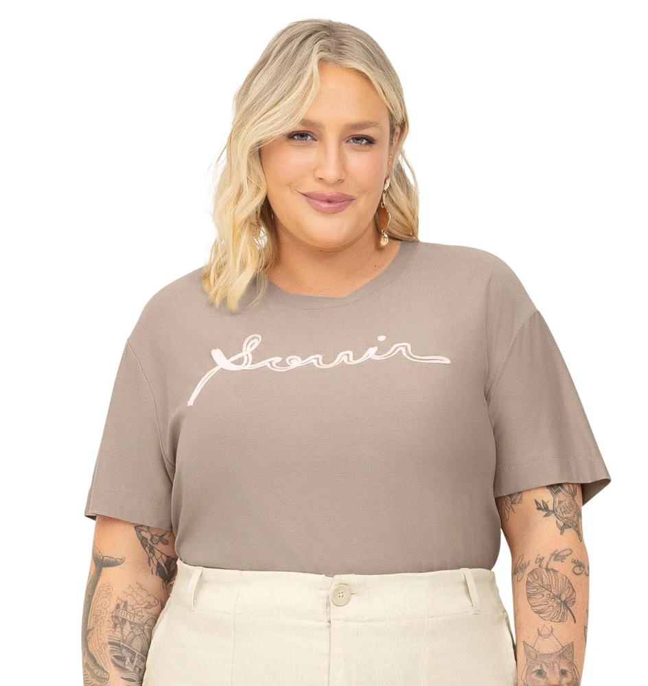 Blusa Feminina Manga Curta Plus Size Ref S01787 Bege - 52