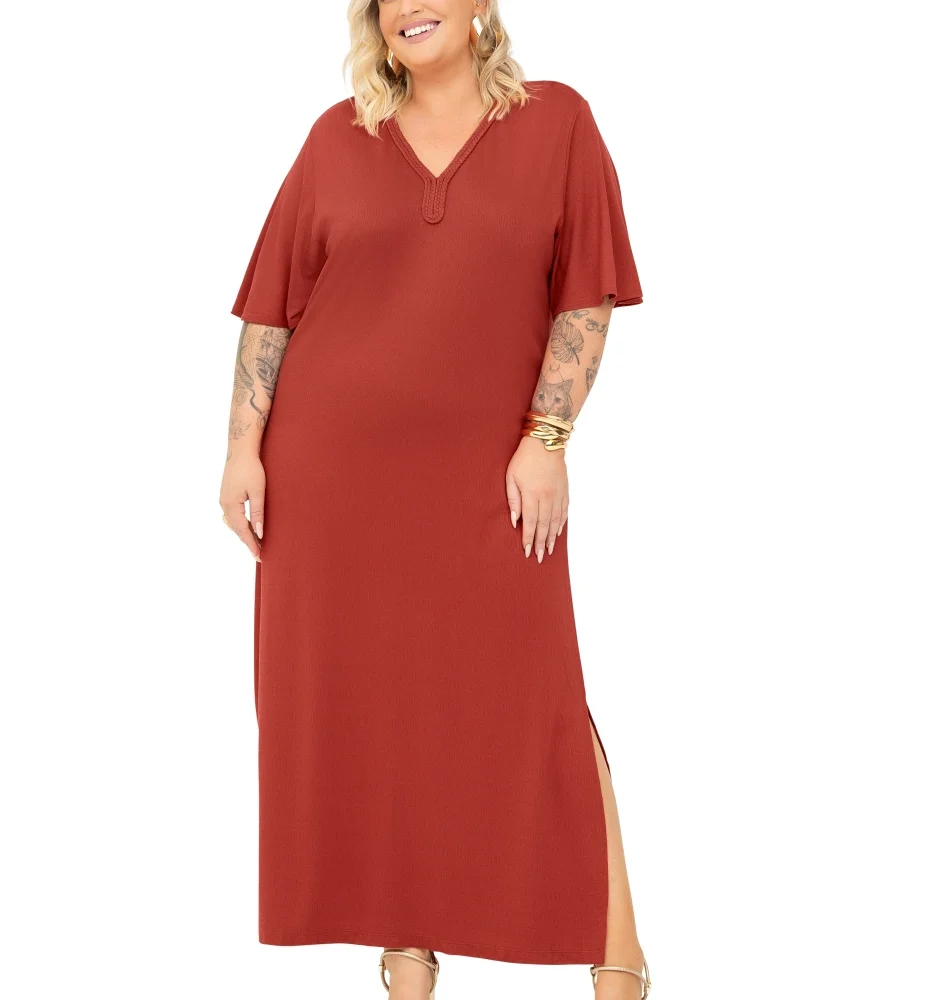 Vestido Manga Curta Plus Size Ref S01802 Cor Telha - 50