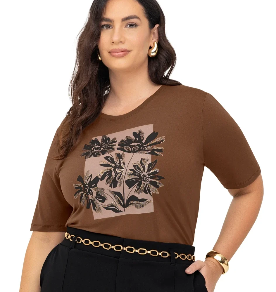 Blusa Feminina Manga Curta Plus Size Ref S01803 Marrom - 54