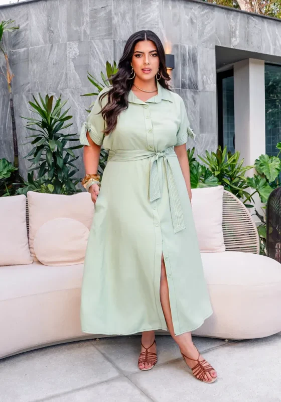 Vestido Mid Manga Curta Plus Size Ref 12852 Verde