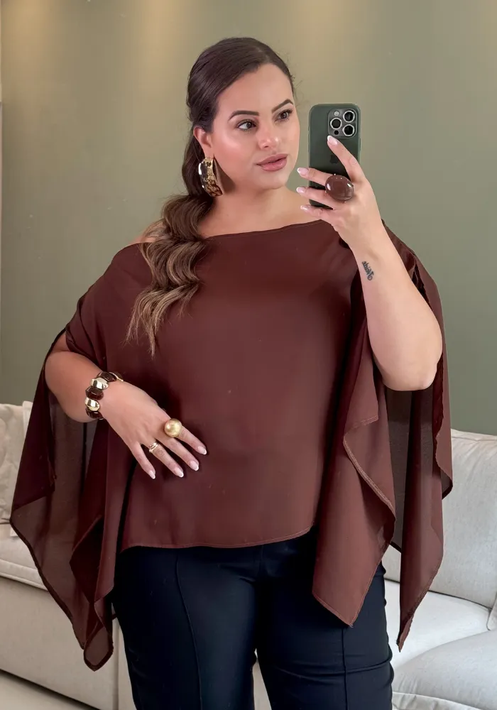Blusa Feminina Plus Size Manga Curta Ref 207372 Marrom - 58