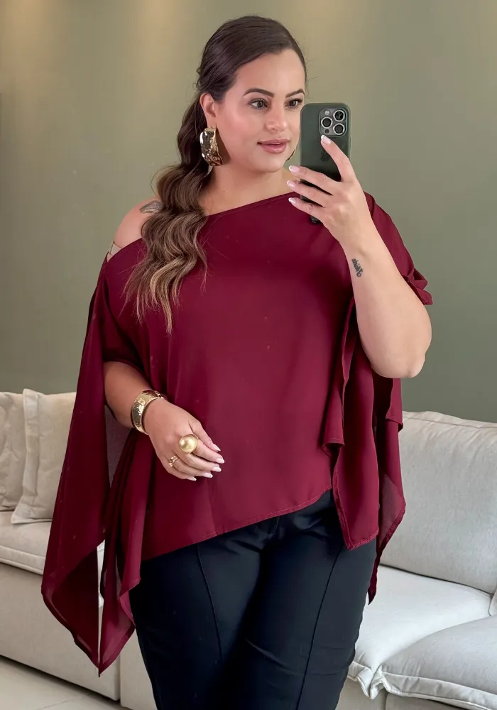 Blusa Feminina Plus Size Manga Curta Ref 207372 Vinho - 56