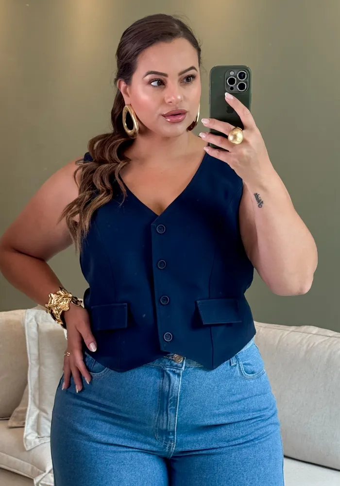 Colete Feminino Alfaiataria Plus Size Ref 12858 Marinho - 54