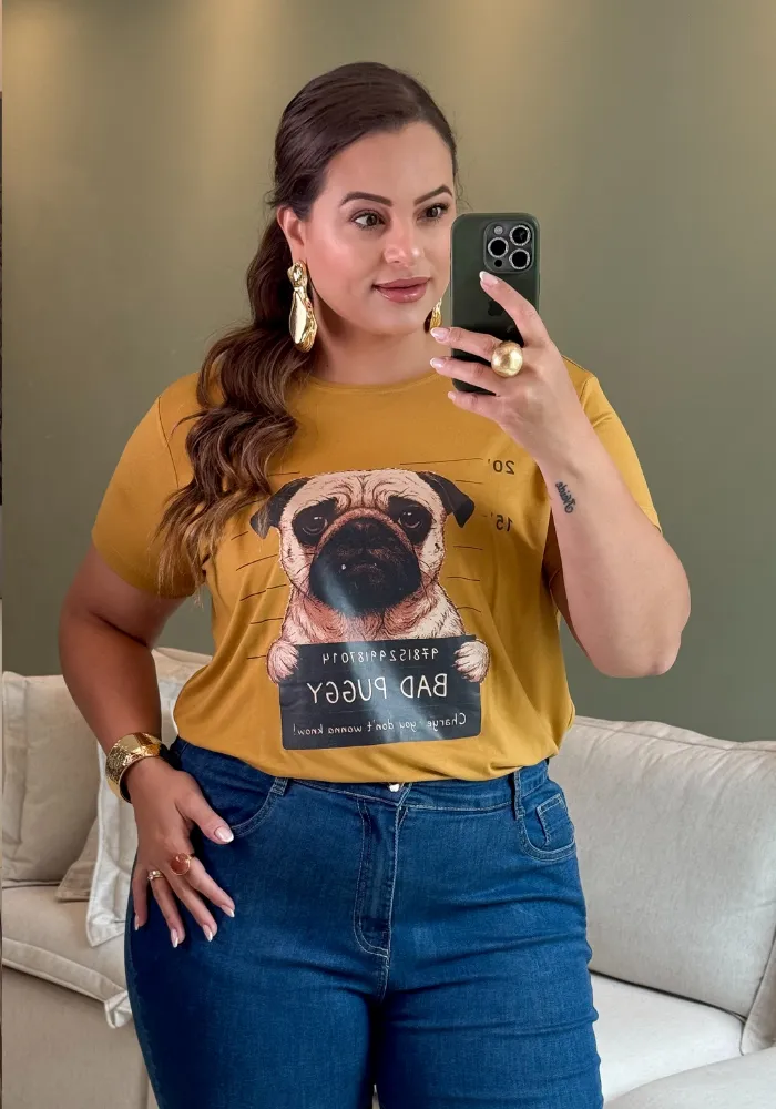 Blusa T-Shirt Feminina Plus Size Manga Curta Puggy Caramelo - 58