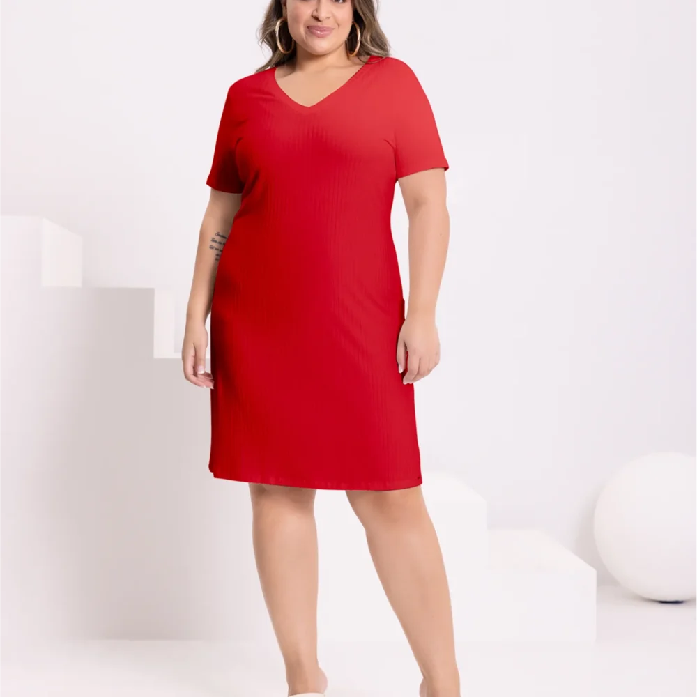 Vestido Plus Size Manga Curta Ref 00478 Vermelho - 48