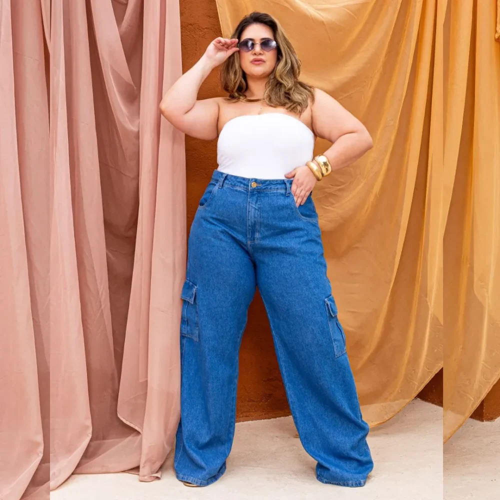 Calça Feminina Wide Leg Plus Size Ref 21121 Jeans - 52