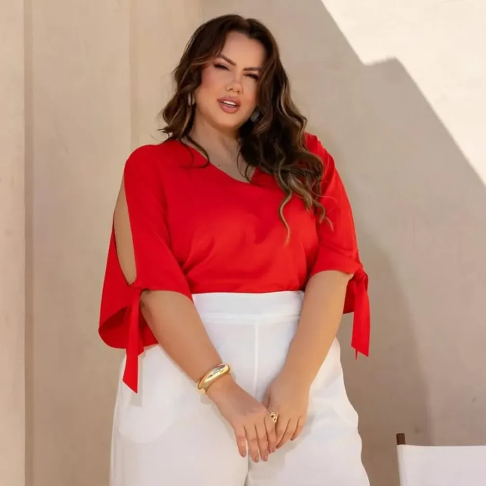 Blusa Feminina Manga Curta Plus Size Ref 700894 Vermelha - 52