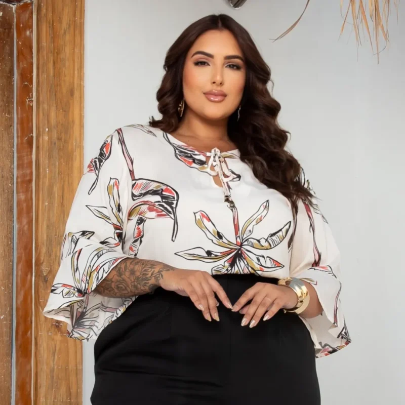 Blusa Feminina Manga Curta Plus Size Ref 700896 Estampa Bege