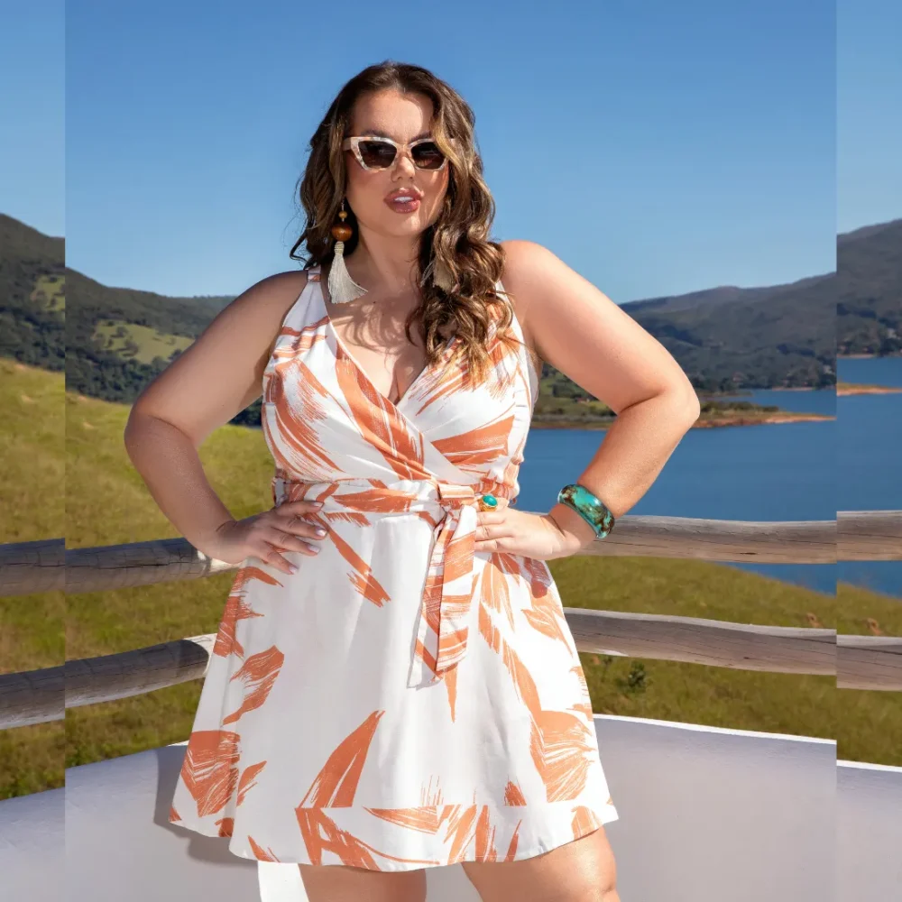 Macaquinho Feminino Sem Manga Plus Size Ref 900831 Estampa Laranja - 54